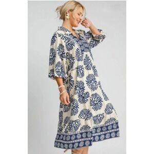 Umgee Abstract Views Navy Cream Midi Dress Women's Large Tribal Print Boho